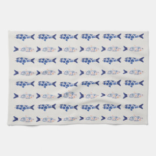 Coastal Style Blue Fish Pattern Shower Curtain Kitchen Towel