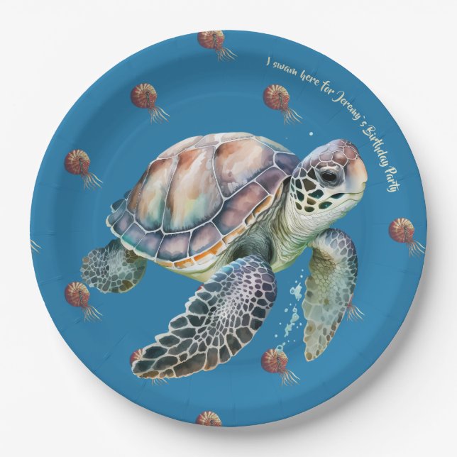 Coastal style ocean and turtle Watercolor custom Paper Plate (Front)