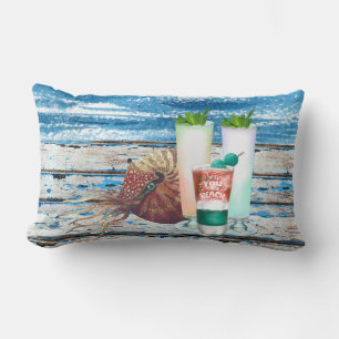 Coastal style Watercolor cocktails and nautilus Lu Lumbar Pillow