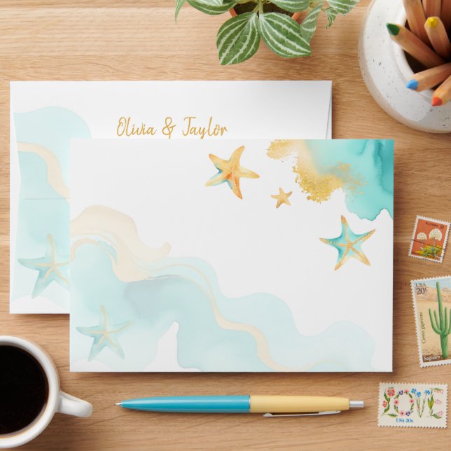 Coastal Summer Beach Aqua & Gold Starfish Wedding Envelope (Desk)