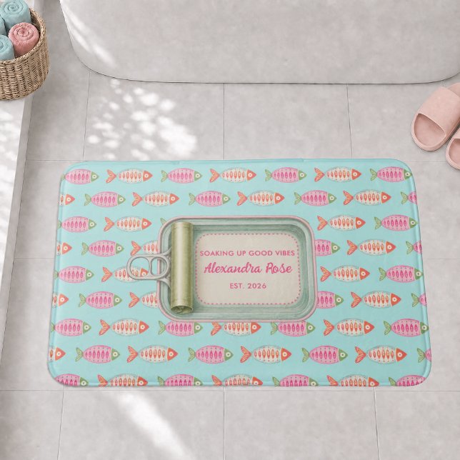 Coastal Summer Fish Tin Custom Name Bath Mat (Creator Uploaded)