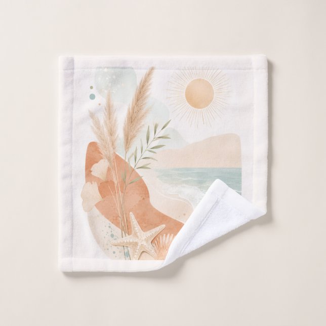 Coastal Sunlit Serenity Boho Beach Bath Towel Set (Wash Cloth)