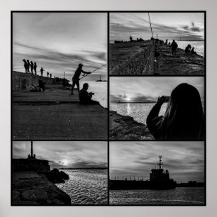 Coastal sunset black and white scene collage poster