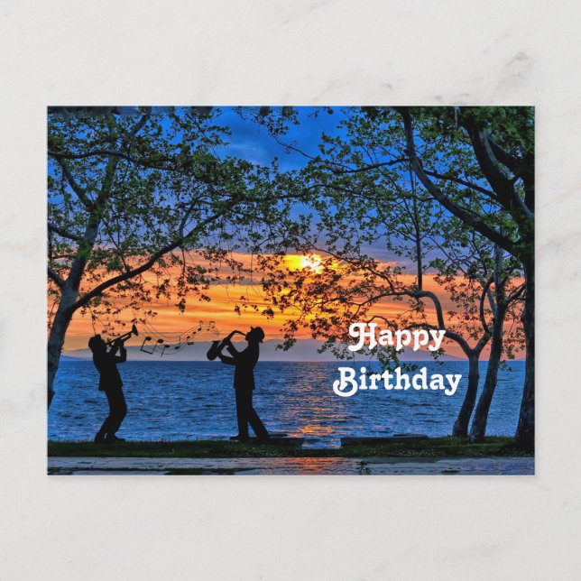Coastal Sunset Musicians Silhouette Birthday Postcard (Front)
