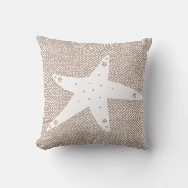 Coastal Taupe Herringbone & White Starfish Throw Pillow (Front)