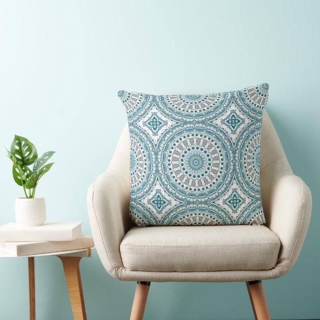 Coastal Teal and Sand Ocean-Inspired Mandala Throw Pillow (Chair)