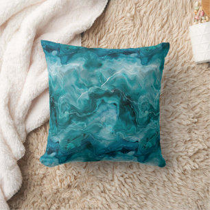 Coastal Teal Green Watercolor Marble Throw Pillow