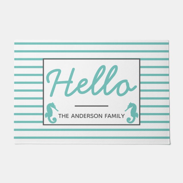 Coastal Teal Seahorses Hello Doormat (Front)