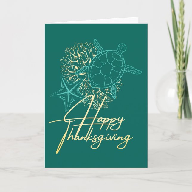 Coastal Thanksgiving Modern Teal and Sand Holiday Card (Front)