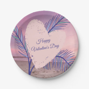 Coastal Theme Pastel Valentine Pink Sunset Beach Paper Plate