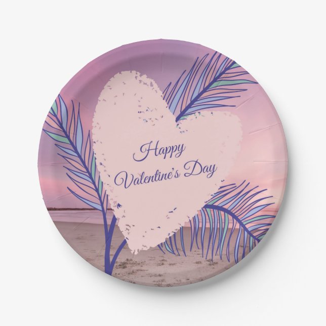 Coastal Theme Pastel Valentine Pink Sunset Beach Paper Plate (Front)