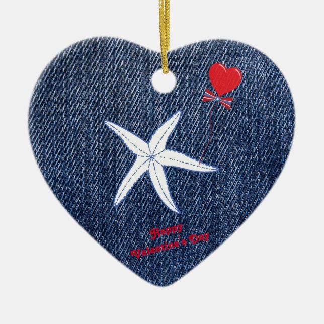 Coastal Theme Valentine's Day Red Heart & Starfish Ceramic Ornament (Front)