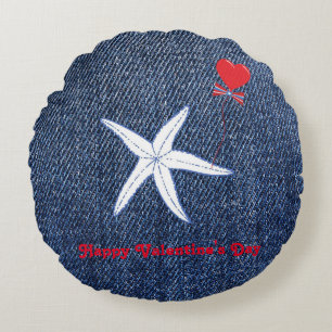 Coastal Theme Valentine's Day Red Heart & Starfish Round Pillow