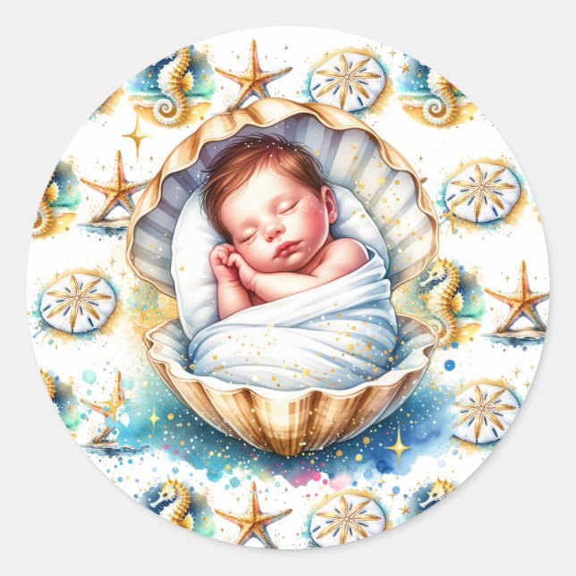 Coastal Themed Beachy Boy's Baby Shower Classic Round Sticker (Front)