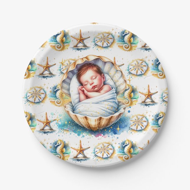 Coastal Themed Beachy Boy's Baby Shower Paper Plate (Front)