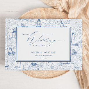 Coastal Toile Lighthouse Blue Wedding Guest Book