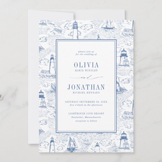Coastal Toile Lighthouse Blue Wedding Invitation (Front)