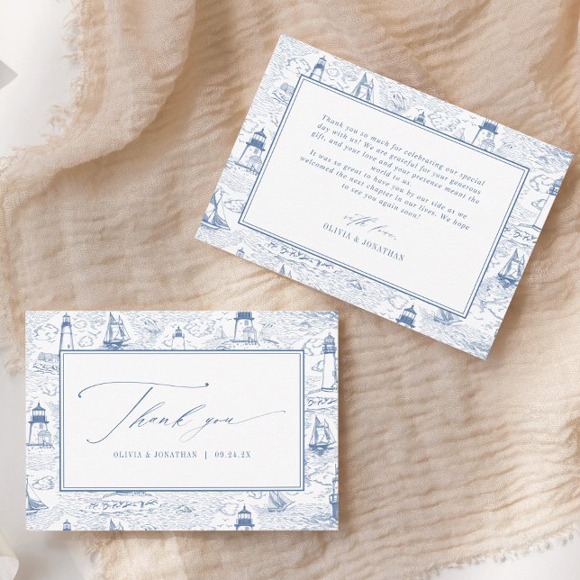 Coastal Toile Lighthouse Blue Wedding Thank You Card (Creator Uploaded)