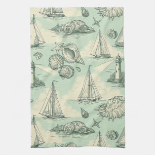 Coastal Toile with Lighthouses, Sailboats Kitchen Towel