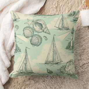 Coastal Toile with Lighthouses, Sailboats Throw Pillow