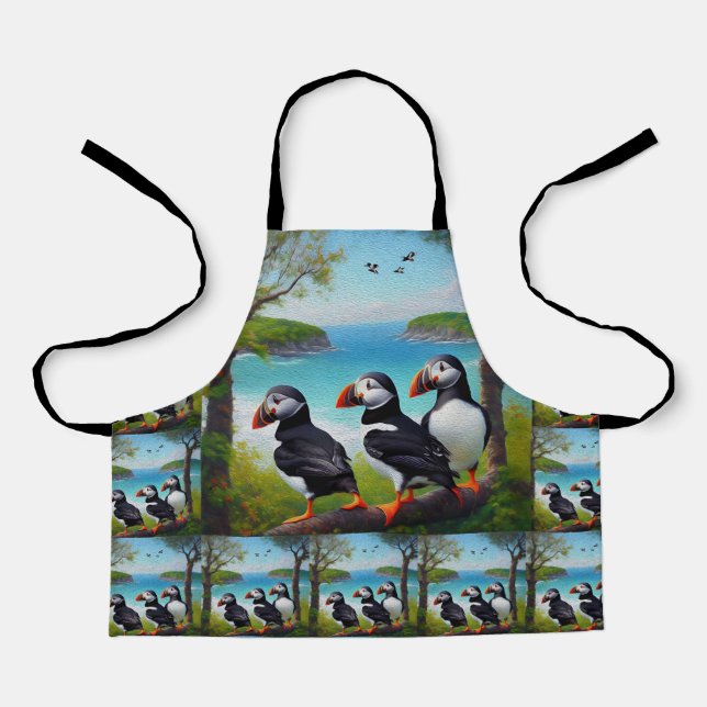 Coastal Trio: Three Puffins at the Beach in Oils Apron (Front)