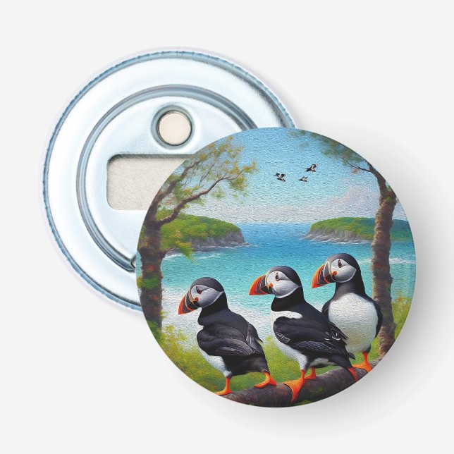 Coastal Trio: Three Puffins at the Beach in Oils Bottle Opener (Front)
