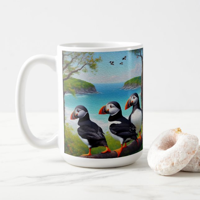 Coastal Trio: Three Puffins at the Beach in Oils Coffee Mug (With Donut)