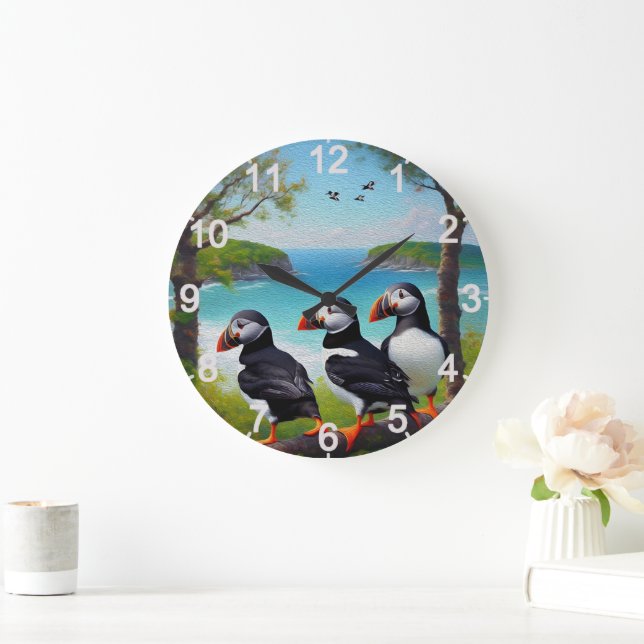 Coastal Trio: Three Puffins at the Beach in Oils Large Clock (Home)