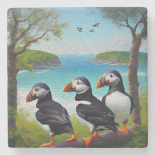 Coastal Trio: Three Puffins at the Beach in Oils Stone Coaster