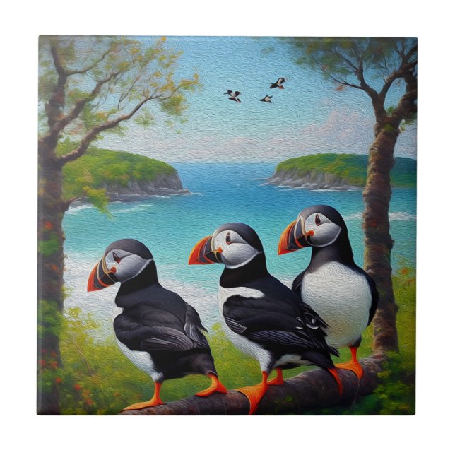 Coastal Trio: Three Puffins at the Beach in Oils Tile (Front)