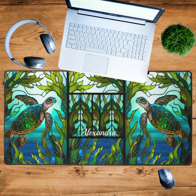 Coastal Tropical Aqua Green Blue Sea Turtle  Desk Mat (Creator Uploaded)
