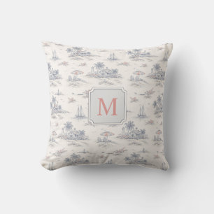 Coastal Tropical French Toile Monogram Name Throw Pillow