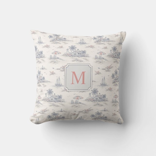 Coastal Tropical French Toile Monogram Name Throw Pillow (Front)