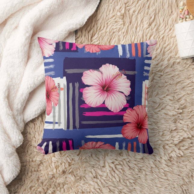 Coastal Tropical Hibiscus Pattern (12) Throw Pillow (Blanket)