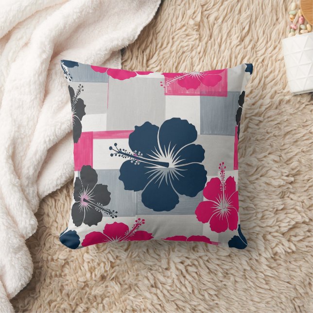 Coastal Tropical Hibiscus Pattern (13) Throw Pillow (Blanket)