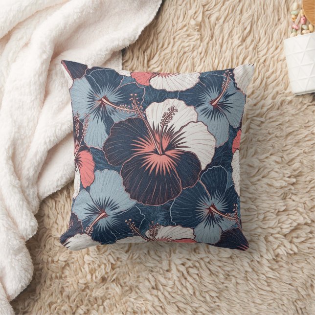 Coastal Tropical Hibiscus Pattern (14) Throw Pillow (Blanket)