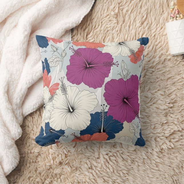 Coastal Tropical Hibiscus Pattern (15) Throw Pillow (Blanket)