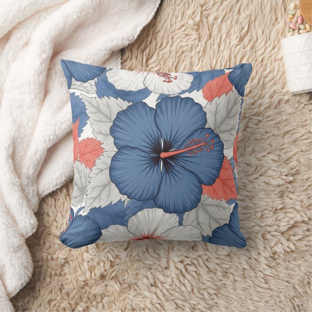 Coastal Tropical Hibiscus Pattern (1) Throw Pillow (Blanket)