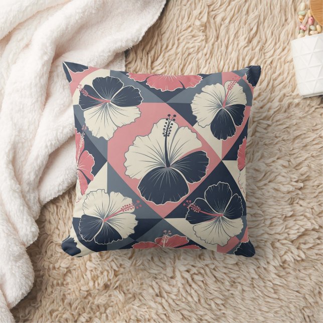Coastal Tropical Hibiscus Pattern (3) Throw Pillow (Blanket)