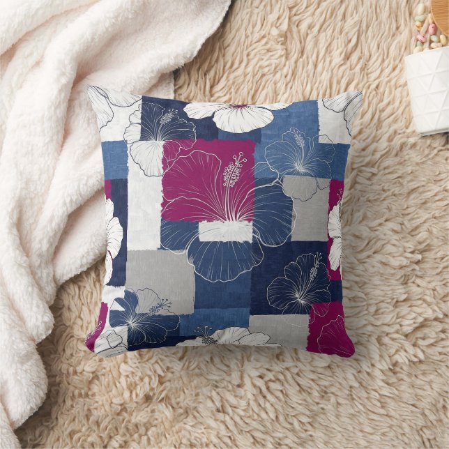Coastal Tropical Hibiscus Pattern (5) Throw Pillow (Blanket)