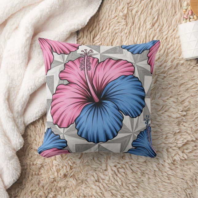 Coastal Tropical Hibiscus Pattern (6) Throw Pillow (Blanket)