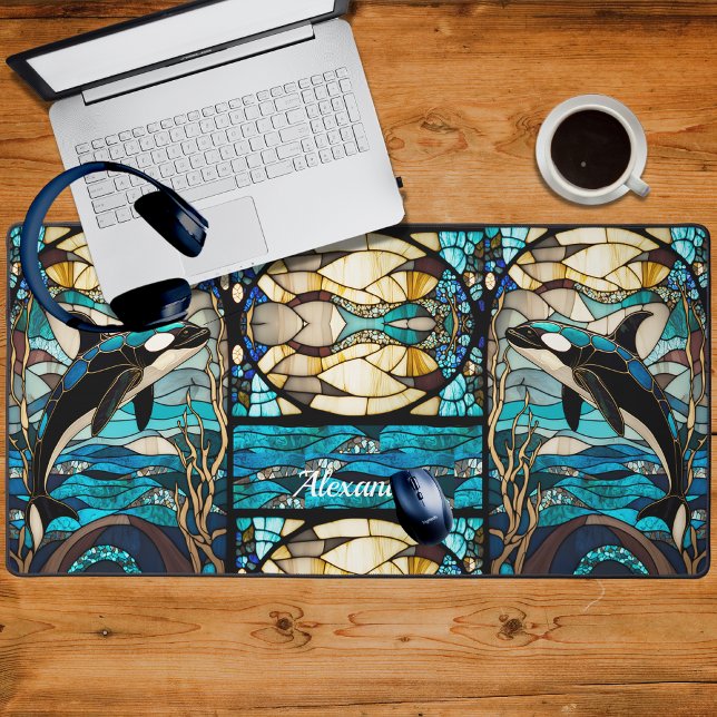 Coastal Tropical Orca Black Blue and Gold  Desk Mat (Creator Uploaded)
