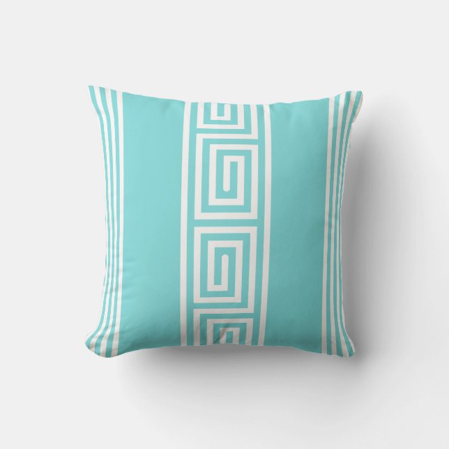 coastal turquoise and white greek key stripes throw pillow (Front)