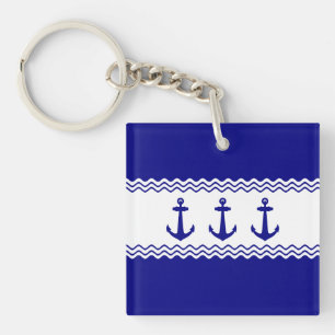 Coastal Turquoise Blue Anchor Stripe Nautical Keychain