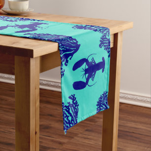 Coastal Turquoise Blue Lobster Pattern Medium Table Runner
