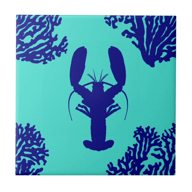 Coastal Turquoise Blue Lobster Pattern Tile (Front)