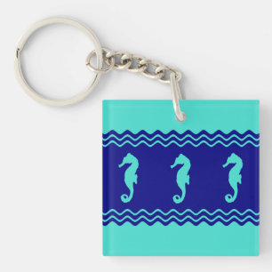 Coastal Turquoise Blue Ocean Seahorses Keychain