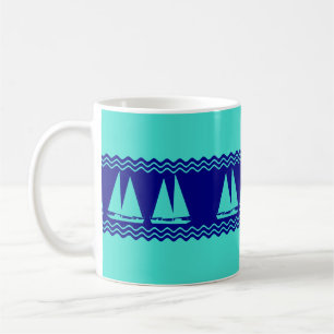 Coastal Turquoise Blue Sailboat Pattern Nautical Coffee Mug