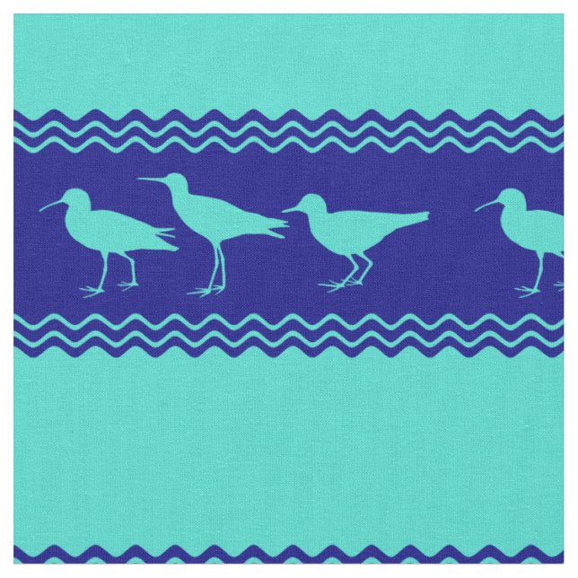 Coastal Turquoise Blue Sandpiper Birds Pattern Fabric (Close Up)