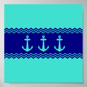 Coastal Turquoise Blue Stripe Anchor Nautical Poster
